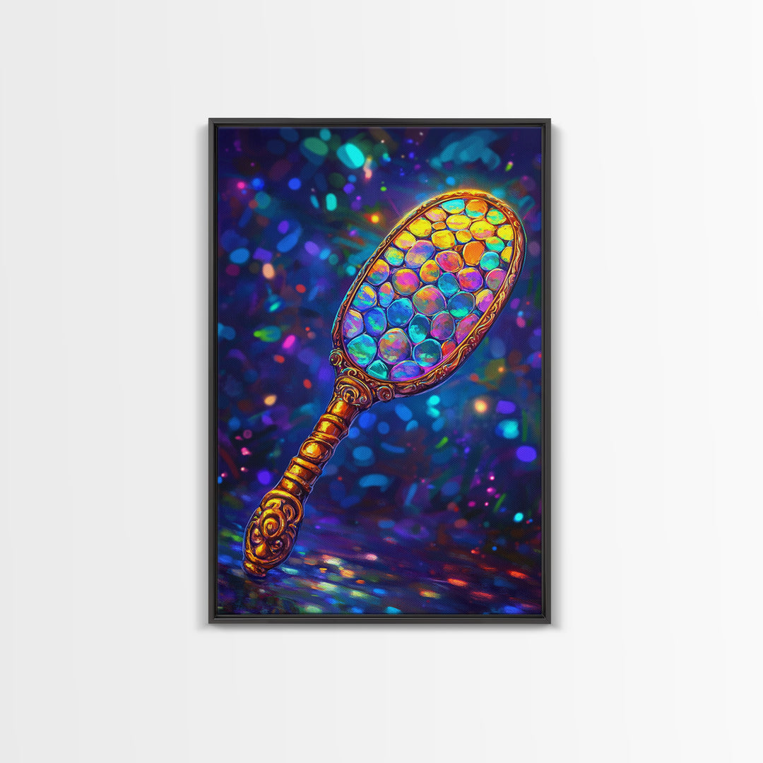 Iridescent Hand Mirror Wall Art, Rainbow Glass Painting, Maximalist Bathroom Decor, Dopamine Decor, Framed Canvas Print, Gift
