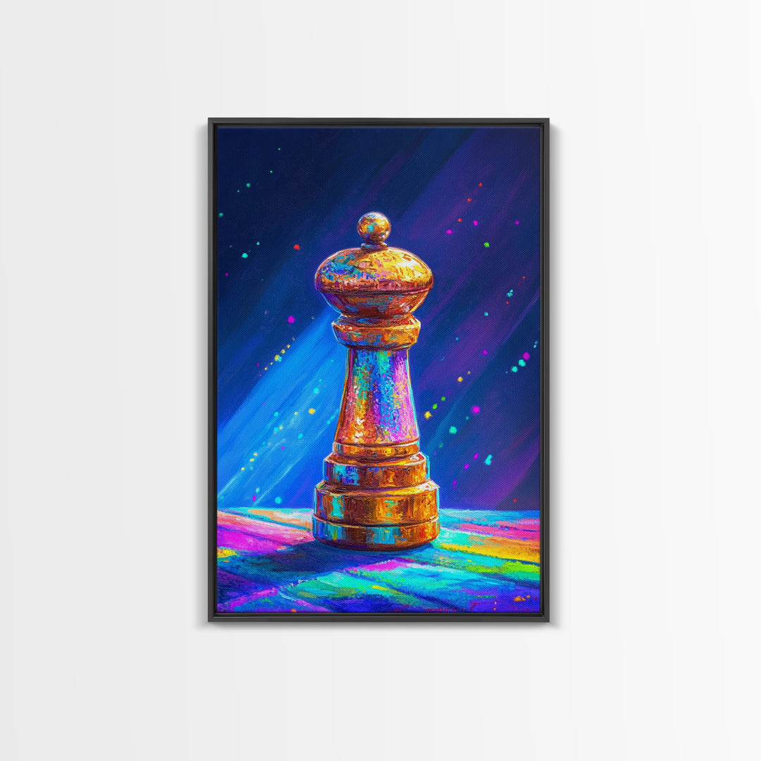Glowing Rainbow Chess Piece Framed Canvas Print, Game Room Art, Masculine Office Decor, Modern Wall Art, Home Office Decor, Gift For Him