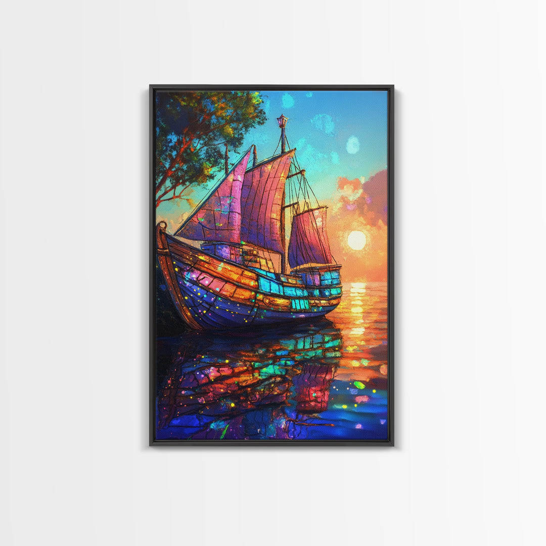 Stained Glass Sailboat At Sunset Canvas Print, Coastal Wall Art, Nautical Decor, Ocean Seascape Living Room Wall Art, Beach House Decor