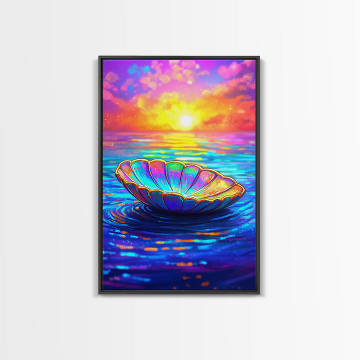 Iridescent Shell Bowl At Ocean Sunset Wall Art, Coastal Decor, Beach House Art, Colorful Seascape Canvas Print, Living Room Wall Art