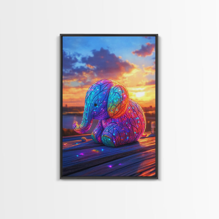 Glowing Rainbow Baby Elephant At Sunset Wall Art, Whimsical Animal Art, Nursery Wall Art, Colorful Kids Room Decor Cute Gift