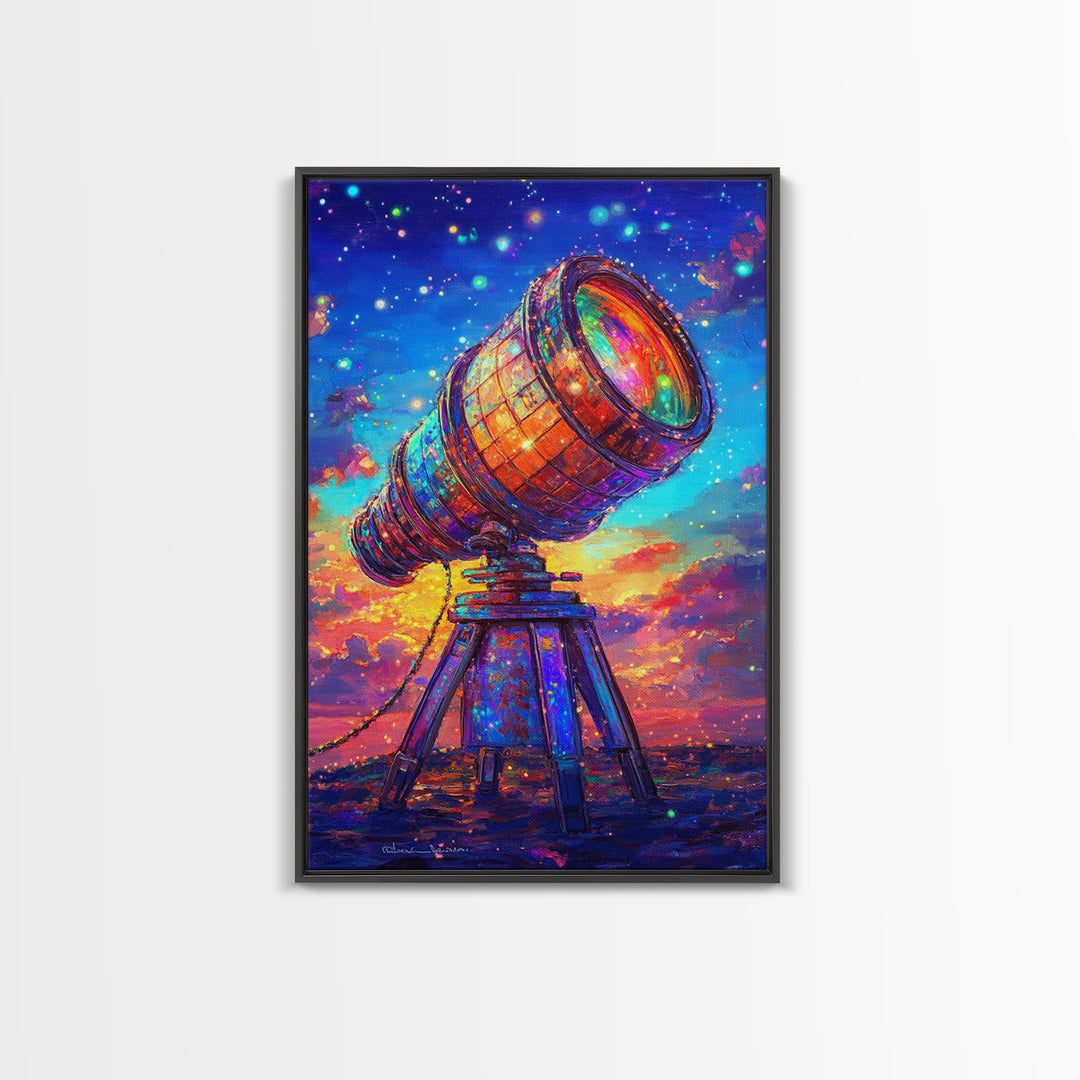 Rainbow Telescope Under Starry Sunset Sky Canvas Print, Astronomy Wall Art, Space Decor, Celestial Art, Gift For Him, Sci Fi Art
