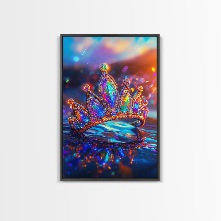 Sparkling Rainbow Tiara Crown On Water Canvas Print, Princess Wall Art, Girly Room Decor, Maximalist Wall Decor Gift For Her