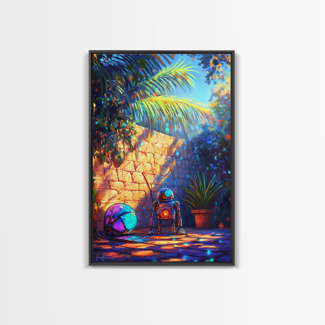 Tiny Robot With Yarn In Tropical Courtyard Canvas Print, Whimsical Sci Fi Wall Art, Futuristic Decor, Kids Room Art, Gift