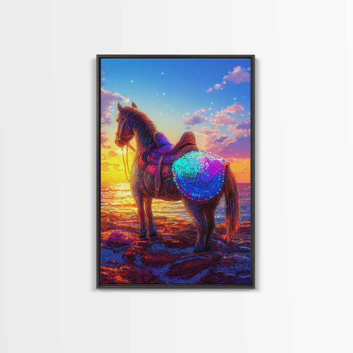 Sunset Horse On Beach Framed Canvas Print, Western Wall Art, Coastal Cowgirl Decor, Equestrian Gift For Horse Lover, Living Room Decor