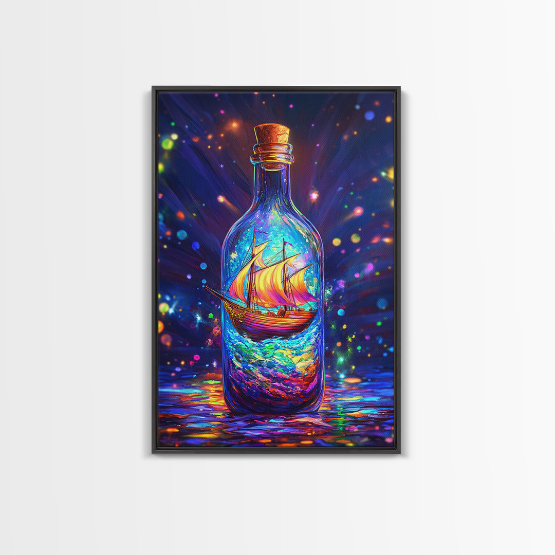 Glowing Ship In A Bottle Framed Canvas Print, Nautical Wall Art, Fantasy Ocean Decor, Coastal Gift For Him Or Her, Statement Artwork