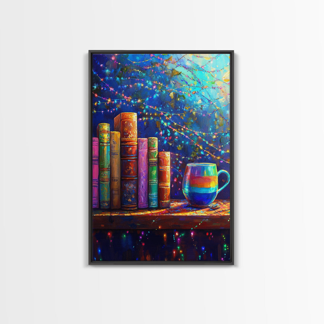 Cozy Books And Rainbow Mug Wall Art, Bookish Library Canvas Print, Reading Nook Decor, Gift For Book Lover, Cozy Home Decor