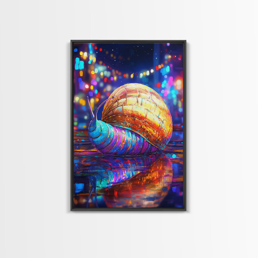 Neon Snail On Rainy Street Wall Art, Whimsical Animal Canvas Print, Cyberpunk City Decor, Funny Gift For Animal Lover, Vibrant Wall Decor