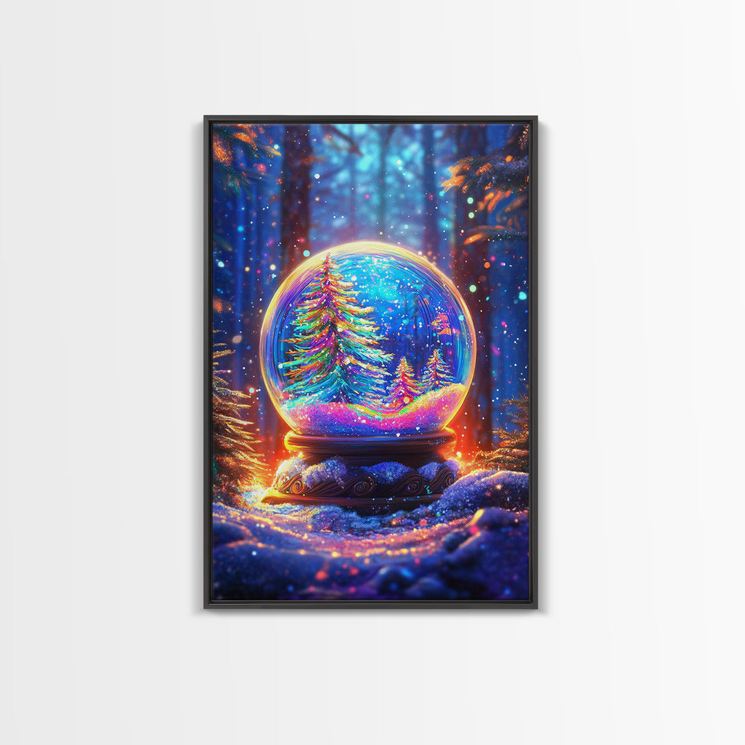 Glowing Winter Forest Snow Globe Framed Canvas Print, Christmas Wall Art, Cozy Holiday Decor, Magical Nature Gift, Living Room Decor