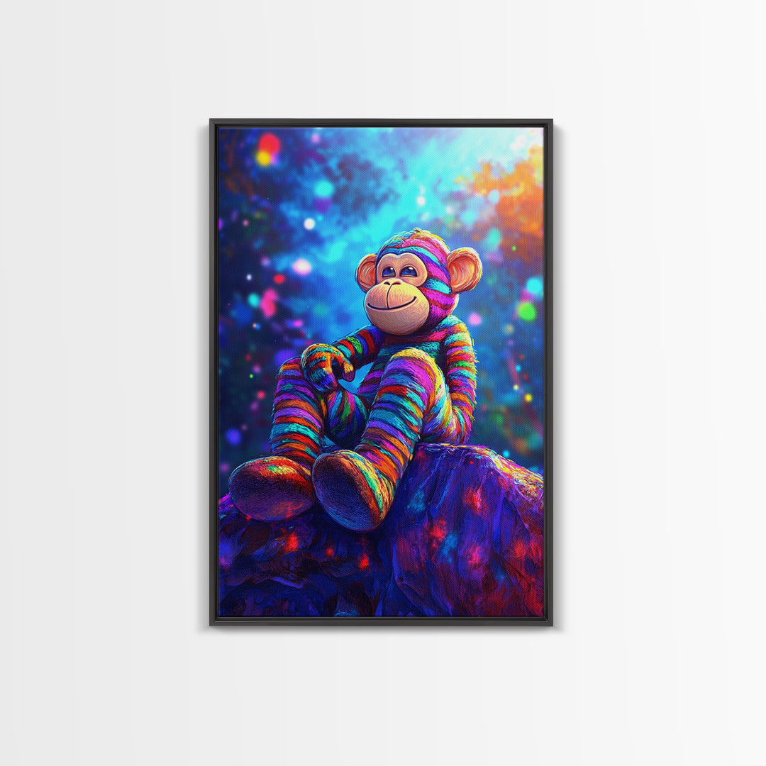 Rainbow Sock Monkey On Rock Wall Art, Whimsical Animal Canvas Print, Cute Nursery Decor, Kids Room Decor, Playroom Wall Decor