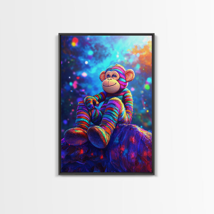 Rainbow Sock Monkey On Rock Wall Art, Whimsical Animal Canvas Print, Cute Nursery Decor, Kids Room Decor, Playroom Wall Decor