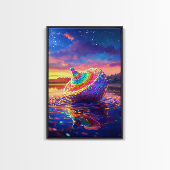 Rainbow Seashell At Sunset On Reflective Water Canvas Print, Coastal Wall Art, Beach House Decor, Ocean Art, Gift For Her