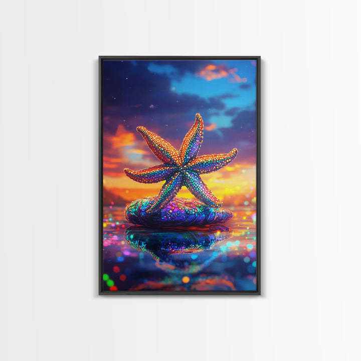 Beaded Rainbow Starfish On Shell At Sunset Canvas Print, Coastal Wall Art, Ocean Decor, Beach House Art, Gift For Her, Summer Decor