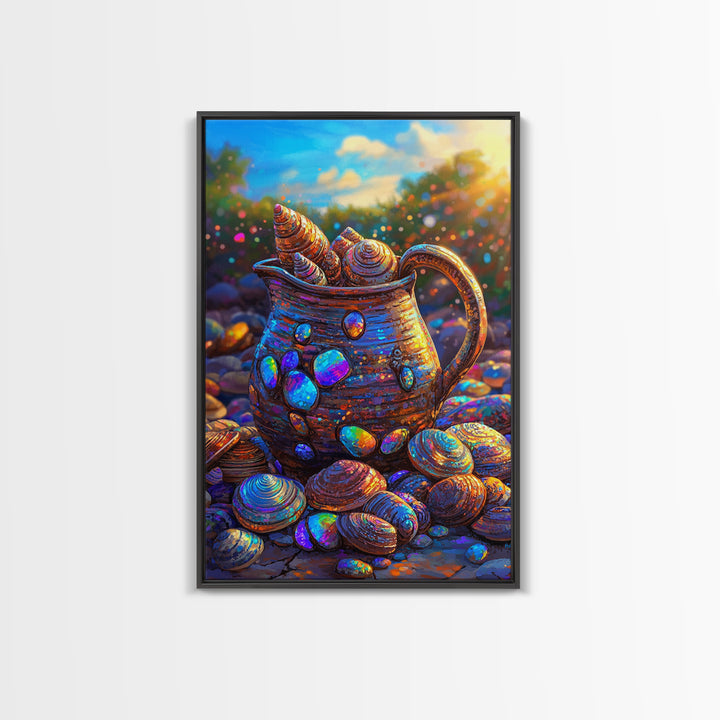 Iridescent Seashell Pitcher On Pebble Shore Wall Art, Coastal Canvas Print, Beach House Decor, Nautical Art For Living Room