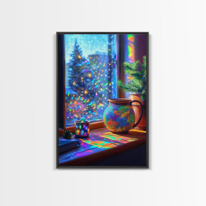 Cozy Winter Window Mug With Twinkle Lights Canvas Print, Christmas Wall Art, Colorful Home Decor, Holiday Kitchen Art Print