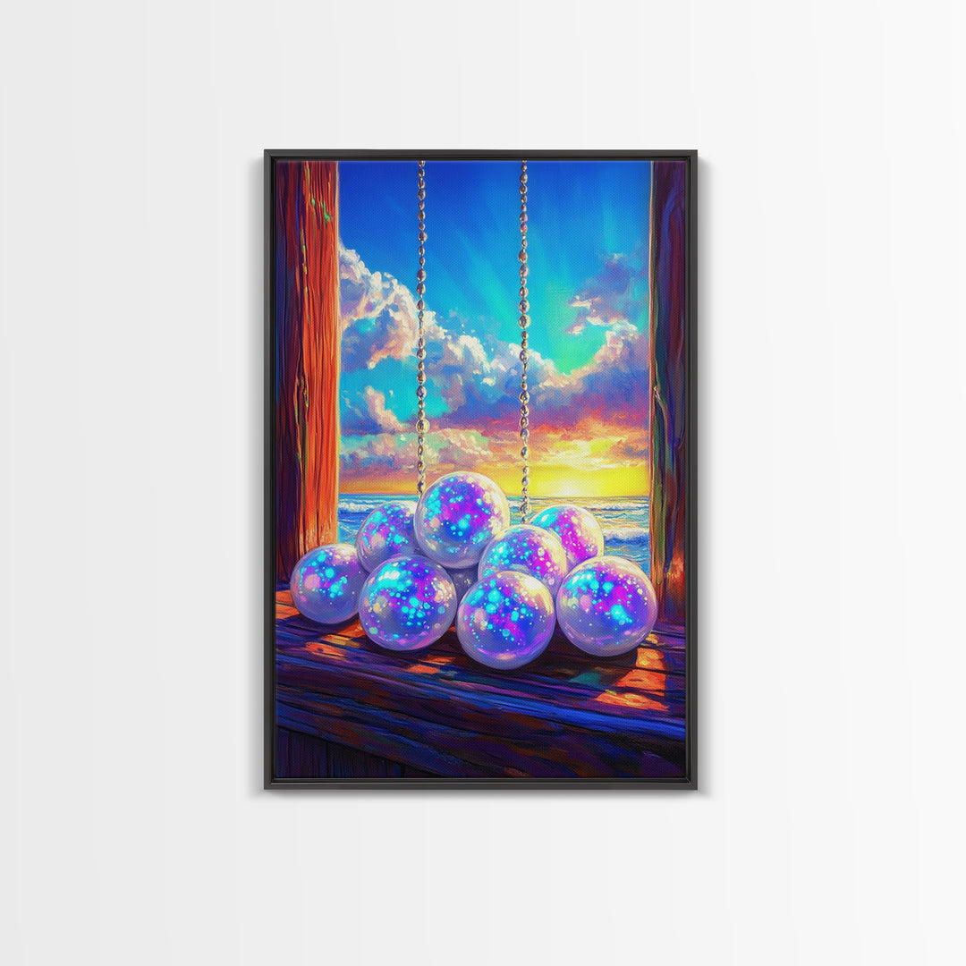 Glowing Pearl Swing At Ocean Sunset Wall Art, Coastal Canvas Print, Whimsical Beach Decor, Dreamy Seascape Art Print For Bedroom Decor