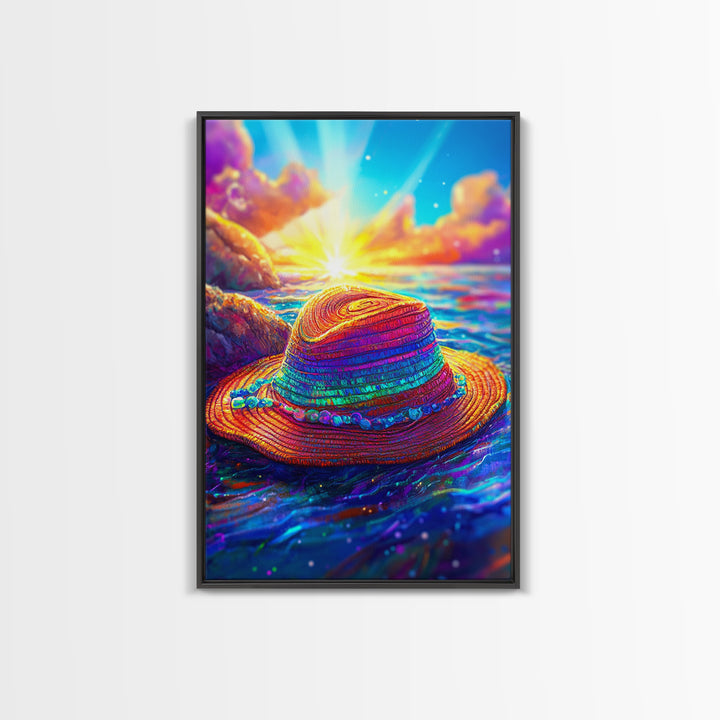 Vibrant Straw Hat Floating On Ocean Sunset Canvas Print, Tropical Beach Wall Art, Coastal Decor, Summer Vacation Gift For Her