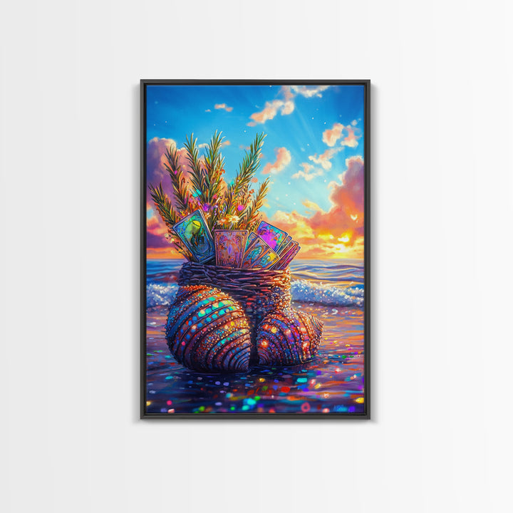Seashell Basket With Tarot Cards At Sunset Framed Canvas Print, Coastal Wall Art, Beach House Decor, Boho Gift For Her Art