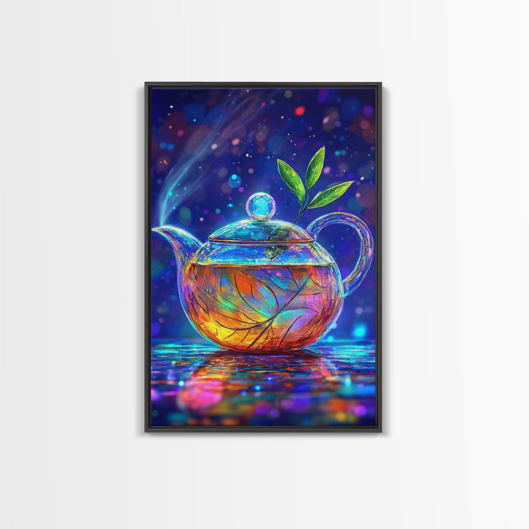 Glowing Glass Teapot With Green Leaves Canvas Print, Whimsical Kitchen Wall Art, Colorful Tea Lover Gift, Home Decor Art
