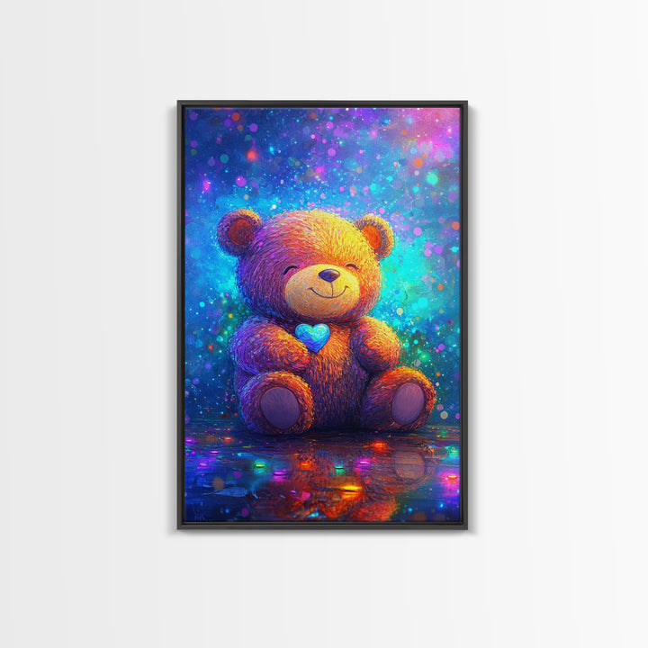 Smiling Teddy Bear With Blue Heart Wall Art, Colorful Nursery Decor, Cute Animal Art, Kids Room Canvas Print, Baby Gift Art