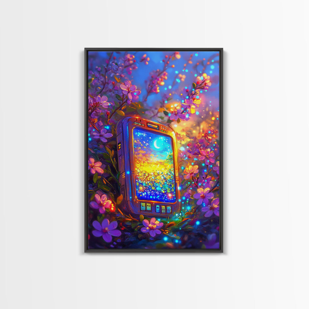 Glowing Phone Among Cherry Blossoms And Moon Wall Art, Celestial Floral Fantasy Canvas Print, Whimsical Nursery Decor Gift