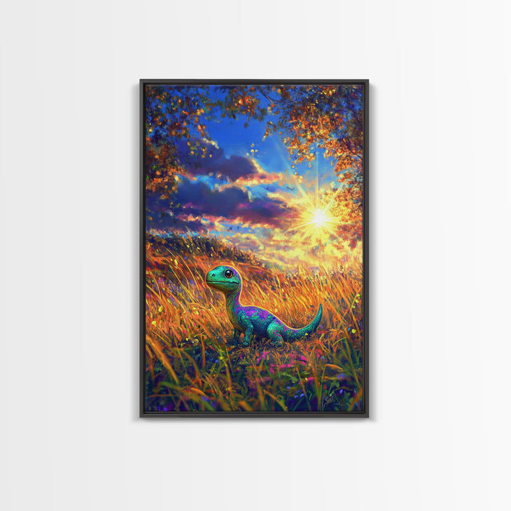 Cute Baby Dinosaur In Golden Meadow Wall Art, Colorful Safari Nursery Canvas Print, Whimsical Kids Room Decor, Unique Gift