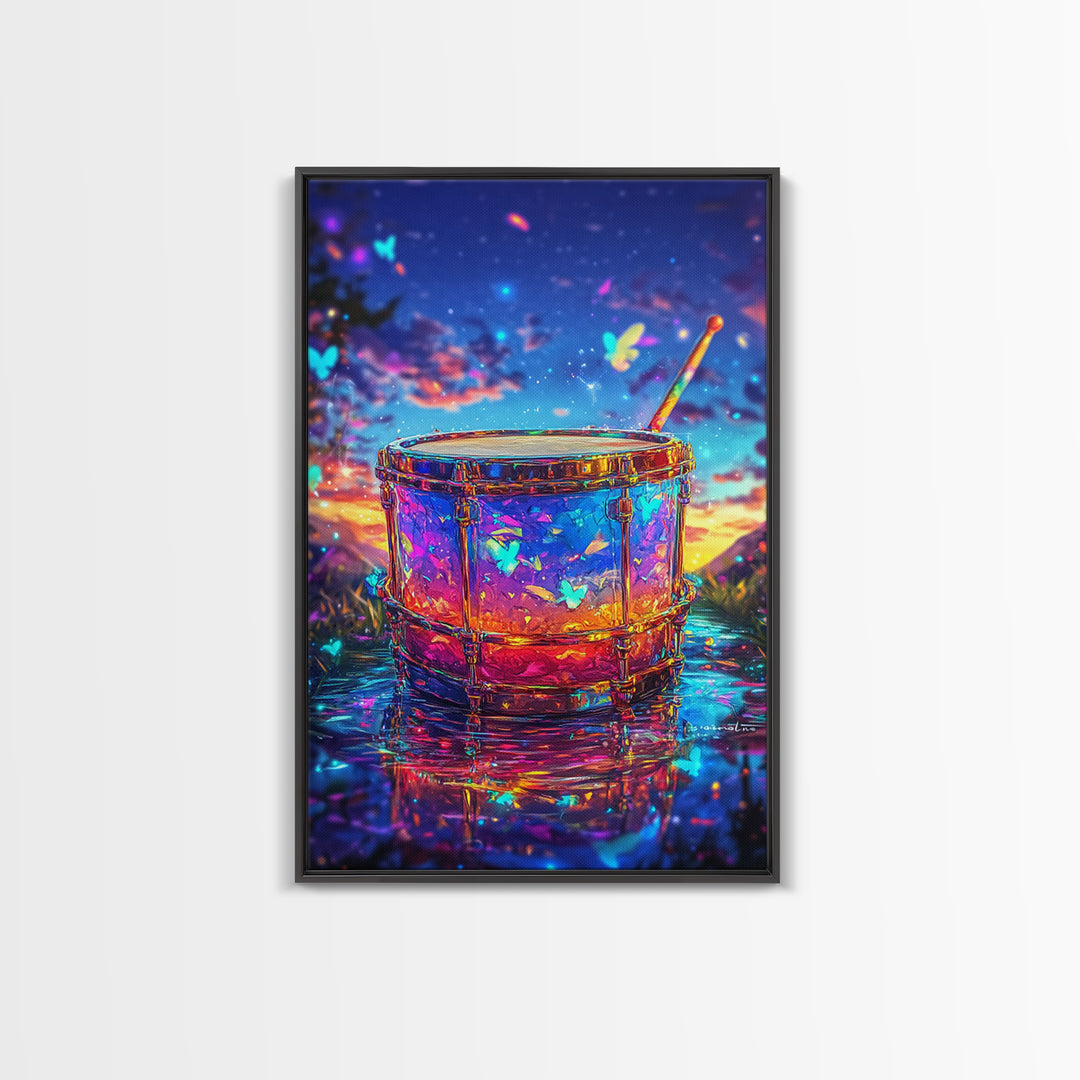 Glowing Drum With Butterflies At Sunset Wall Art, Colorful Music Studio Room Decor, Whimsical Canvas Print, Music Lover Gift