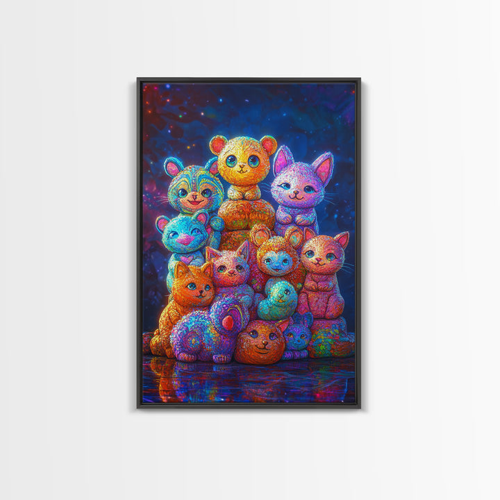 Colorful Plush Animal Friends And Kittens Wall Art, Whimsical Animal Art, Nursery Wall Art, Playroom Decor, Cute Kids Print