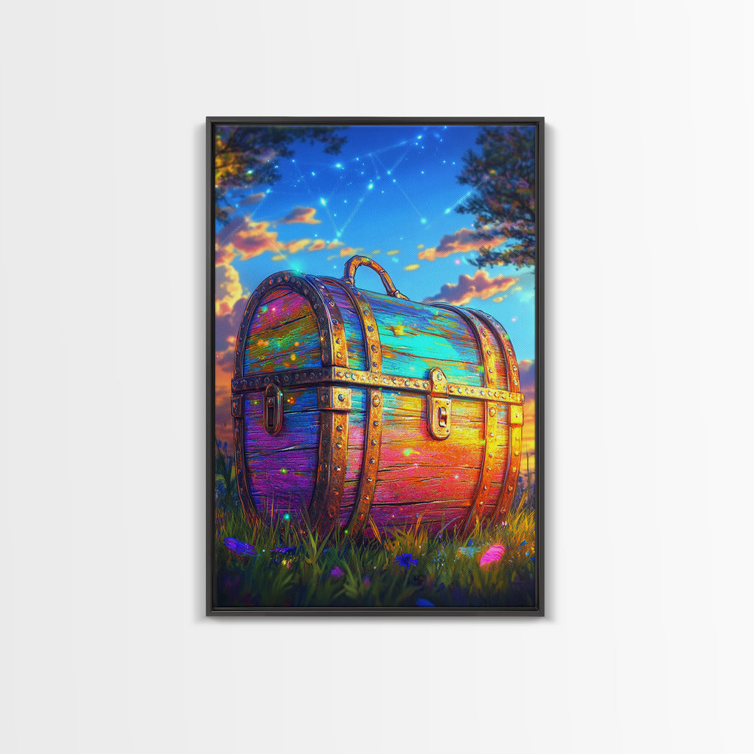 Rainbow Treasure Chest In Meadow At Sunset Framed Canvas Print, Fantasy Wall Art, Whimsical Decor, Celestial Kids Room Art