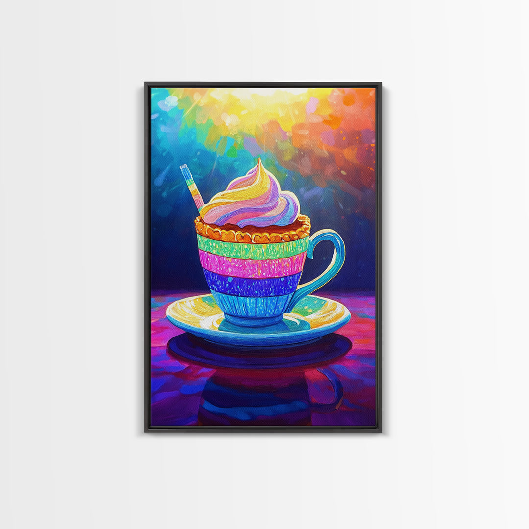 Rainbow Cupcake In Teacup Kitchen Wall Art, Whimsical Dessert Art Print, Colorful Bakery Decor, Cute Cafe Canvas Print Gift