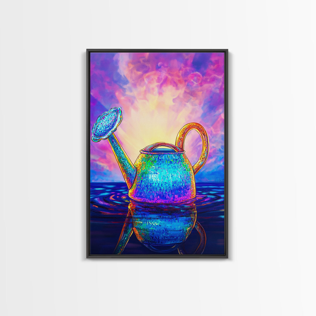 Radiant Watering Can At Sunrise Wall Art, Colorful Garden Decor, Whimsical Botanical Art Print, Vibrant Canvas Print Gift