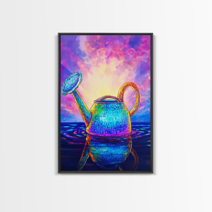 Radiant Watering Can At Sunrise Wall Art, Colorful Garden Decor, Whimsical Botanical Art Print, Vibrant Canvas Print Gift