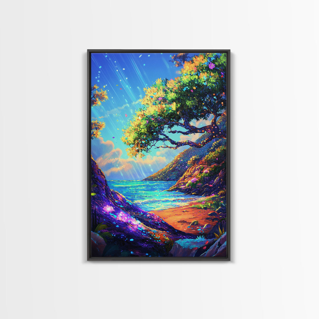 Sunlit Coastal Cove And Tree Wall Art, Vibrant Ocean Landscape Art Print, Tropical Beach House Decor, Large Canvas Print