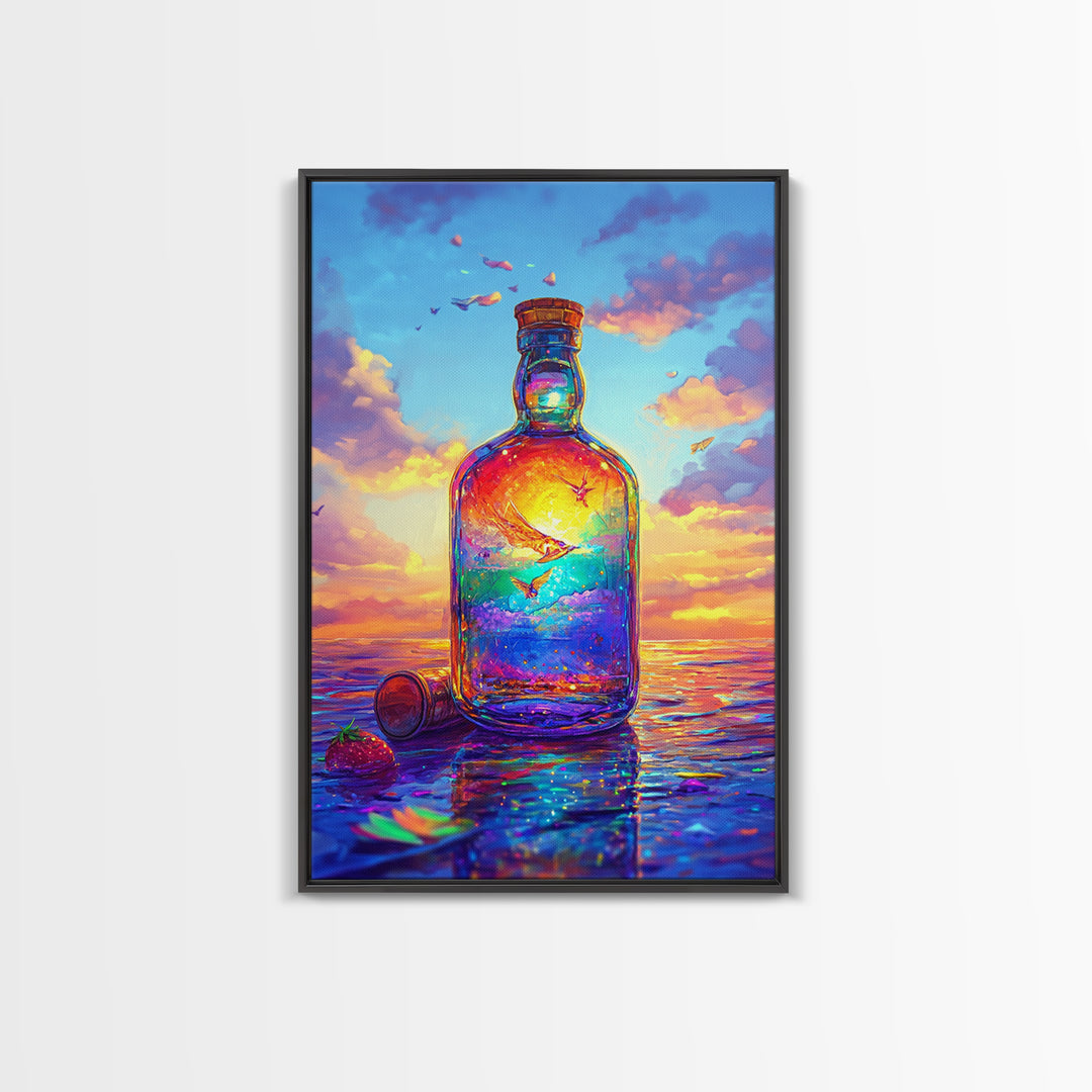 Sunset Ocean In Glass Bottle Wall Art, Surreal Seascape Art Print, Coastal Beach House Decor, Whimsical Canvas Print Gift