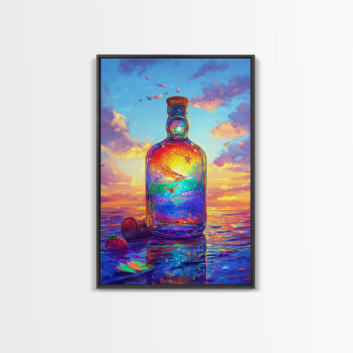 Sunset Ocean In Glass Bottle Wall Art, Surreal Seascape Art Print, Coastal Beach House Decor, Whimsical Canvas Print Gift