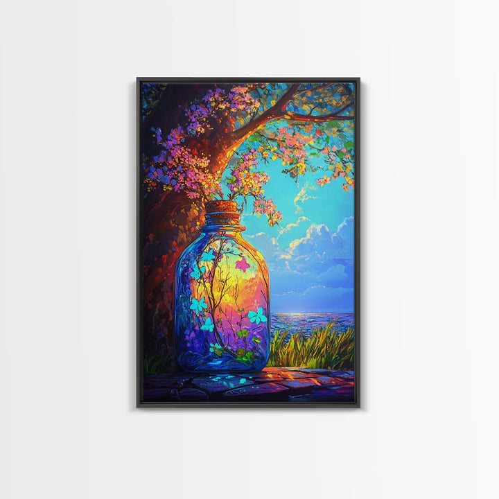Glowing Jar Under Flowering Tree Wall Art, Whimsical Botanical Landscape, Coastal Nature Decor, Vibrant Canvas Print Gift