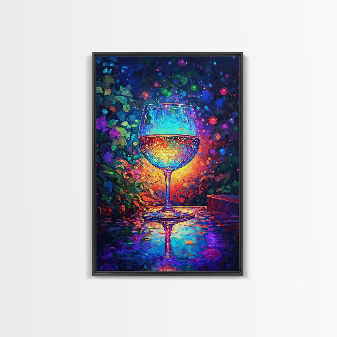 Glowing Wine Glass On Dark Table Canvas Print, Colorful Bar Wall Art, Kitchen Decor, Wine Lover Gift, Dining Room Art Print
