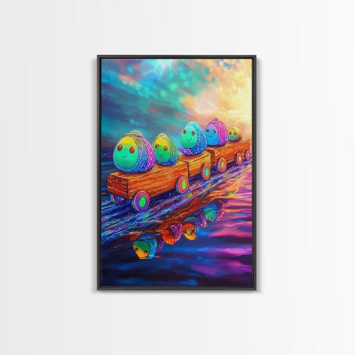 Smiling Rainbow Egg Train Canvas Print, Whimsical Kids Room Wall Art, Colorful Nursery Decor, Cute Playroom Art, Baby Shower Gift