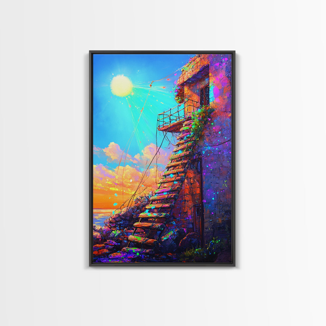 Sunlit Stone Stairway By The Sea Canvas Print, Coastal Wall Art, Mediterranean Landscape, Sunset Travel Home Decor Gift For Her