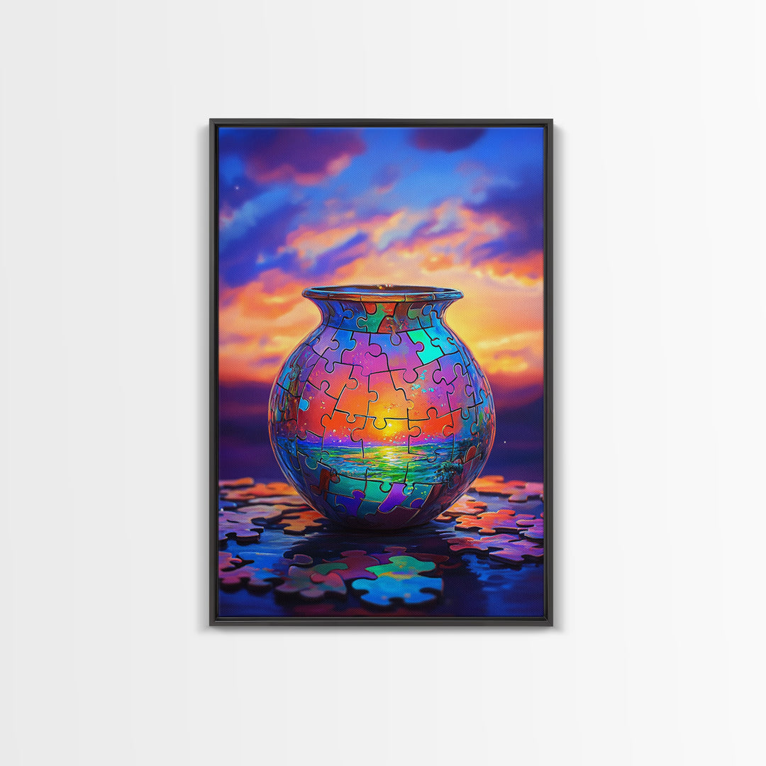 Puzzle Piece Vase With Ocean Sunset Canvas Print, Colorful Wall Art, Whimsical Seascape, Living Room Coastal Home Decor Gift