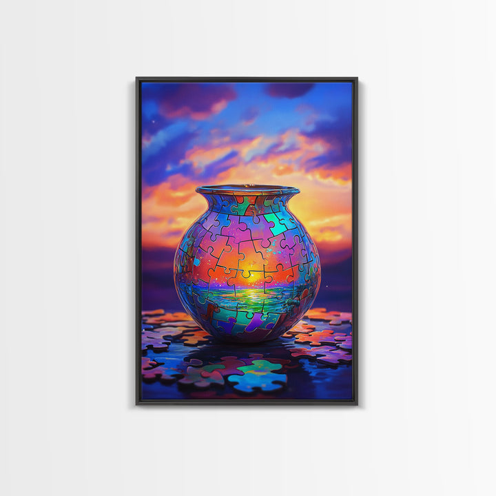 Puzzle Piece Vase With Ocean Sunset Canvas Print, Colorful Wall Art, Whimsical Seascape, Living Room Coastal Home Decor Gift