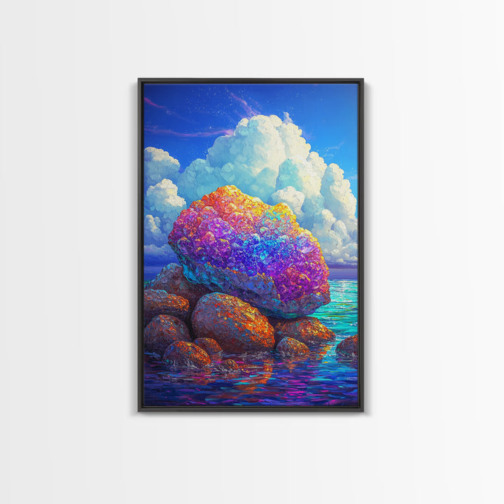 Rainbow Crystal Rocks Beside Blue Sea Canvas Print, Coastal Wall Art, Colorful Nature Art, Ocean Landscape Home Decor Gift