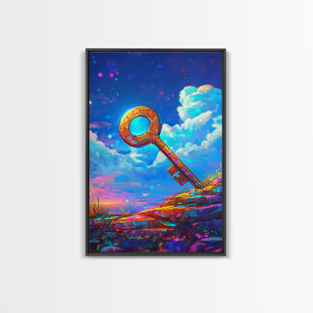 Golden Key On Dreamy Hilltop Canvas Print, Whimsical Wall Art, Fantasy Decor, Celestial Art, Unique Gift, Kids Room Decor
