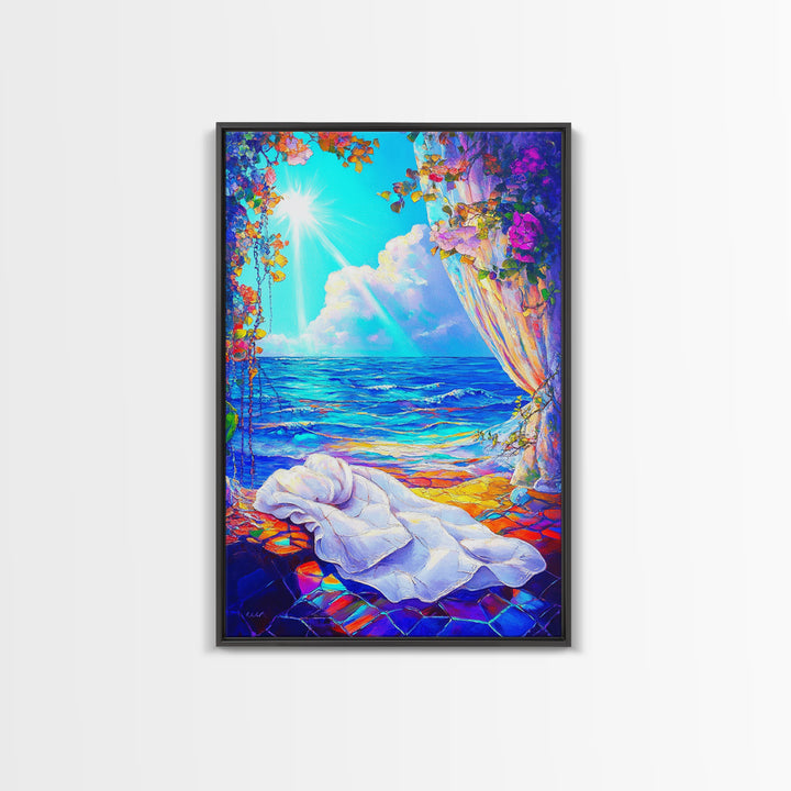 Sunlit Ocean Window And Draped Bed Framed Canvas Print, Coastal Wall Art, Beach House Decor, Romantic Seascape Bedroom Decor
