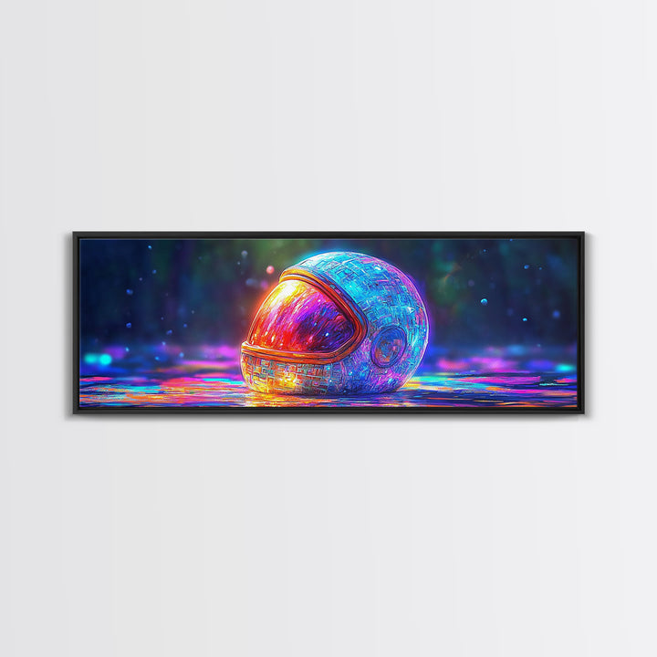 Neon Astronaut Helmet On Cosmic Rain Canvas Print, Futuristic Space Wall Art, Sci Fi Decor, Gamer Room Decor, Gift For Him