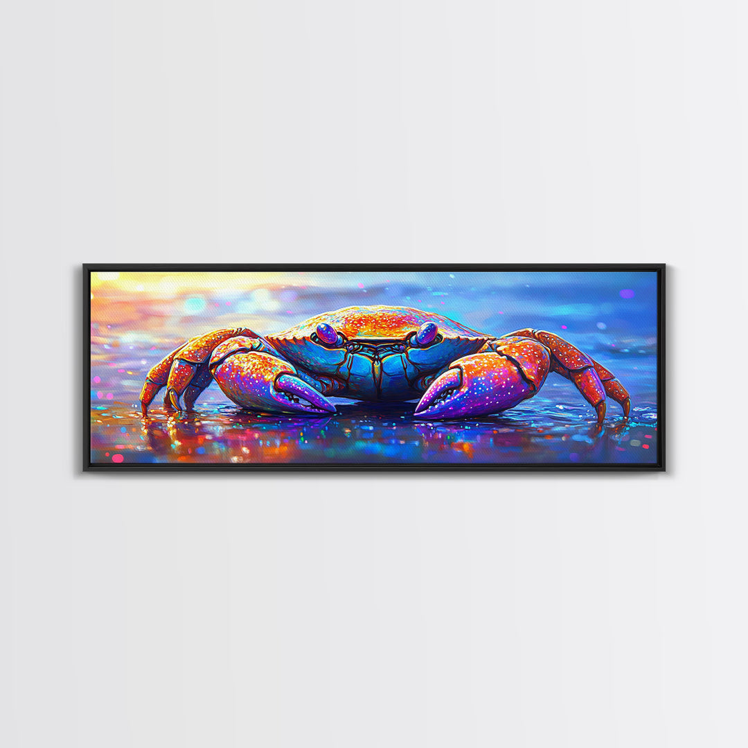 Vibrant Rainbow Crab On Wet Beach Wall Art, Coastal Ocean Animal Art, Colorful Beach House Decor, Nautical Canvas Print Art