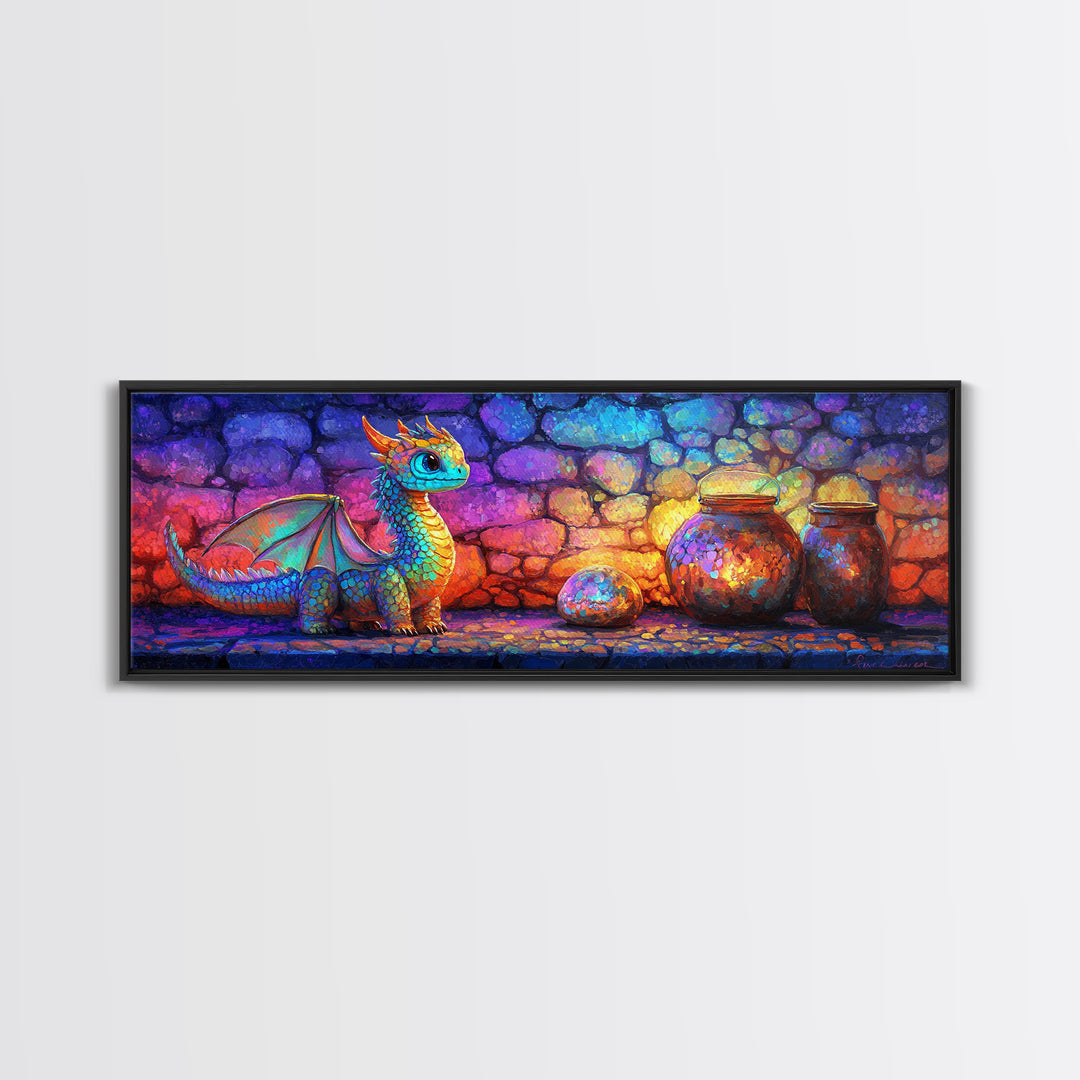 Cute Rainbow Dragon With Magic Jars Canvas Print, Fantasy Wall Art, Whimsical Decor, Kids Room Art, Nursery Wall Decor, Gift For Kids
