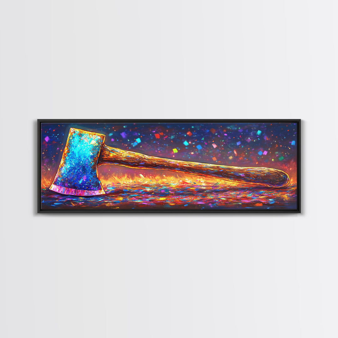 Vibrant Rainbow Axe On Glittering Ground Canvas Print, Rustic Wall Art, Garage Decor, Man Cave Decor, Unique Gift For Him