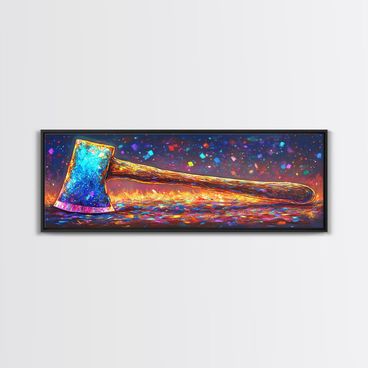 Vibrant Rainbow Axe On Glittering Ground Canvas Print, Rustic Wall Art, Garage Decor, Man Cave Decor, Unique Gift For Him