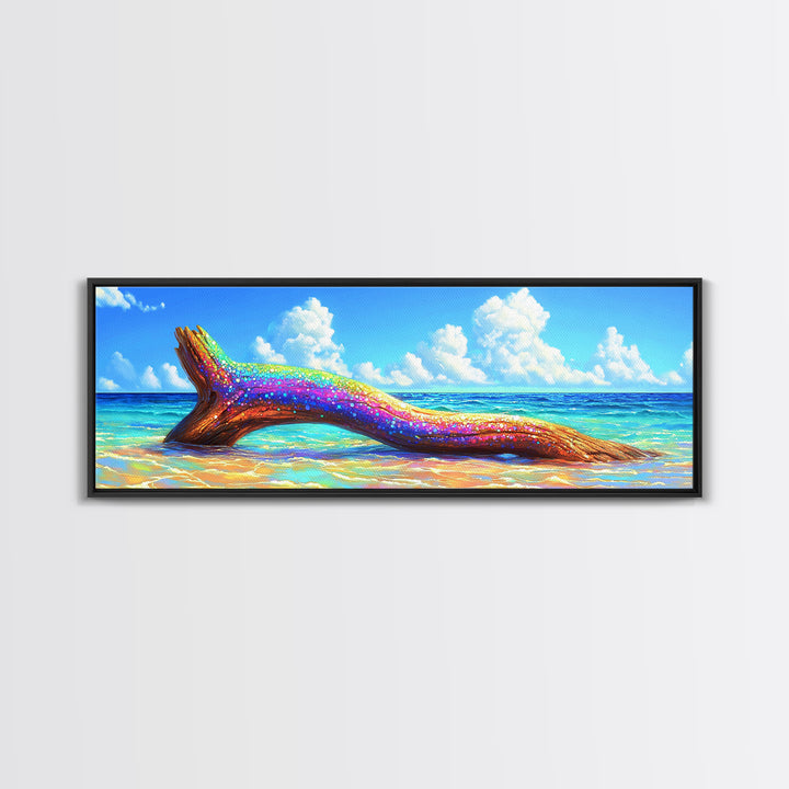 Rainbow Driftwood On Turquoise Beach Canvas Print, Coastal Wall Art, Beach House Decor, Ocean Wall Decor, Tropical Home Decor